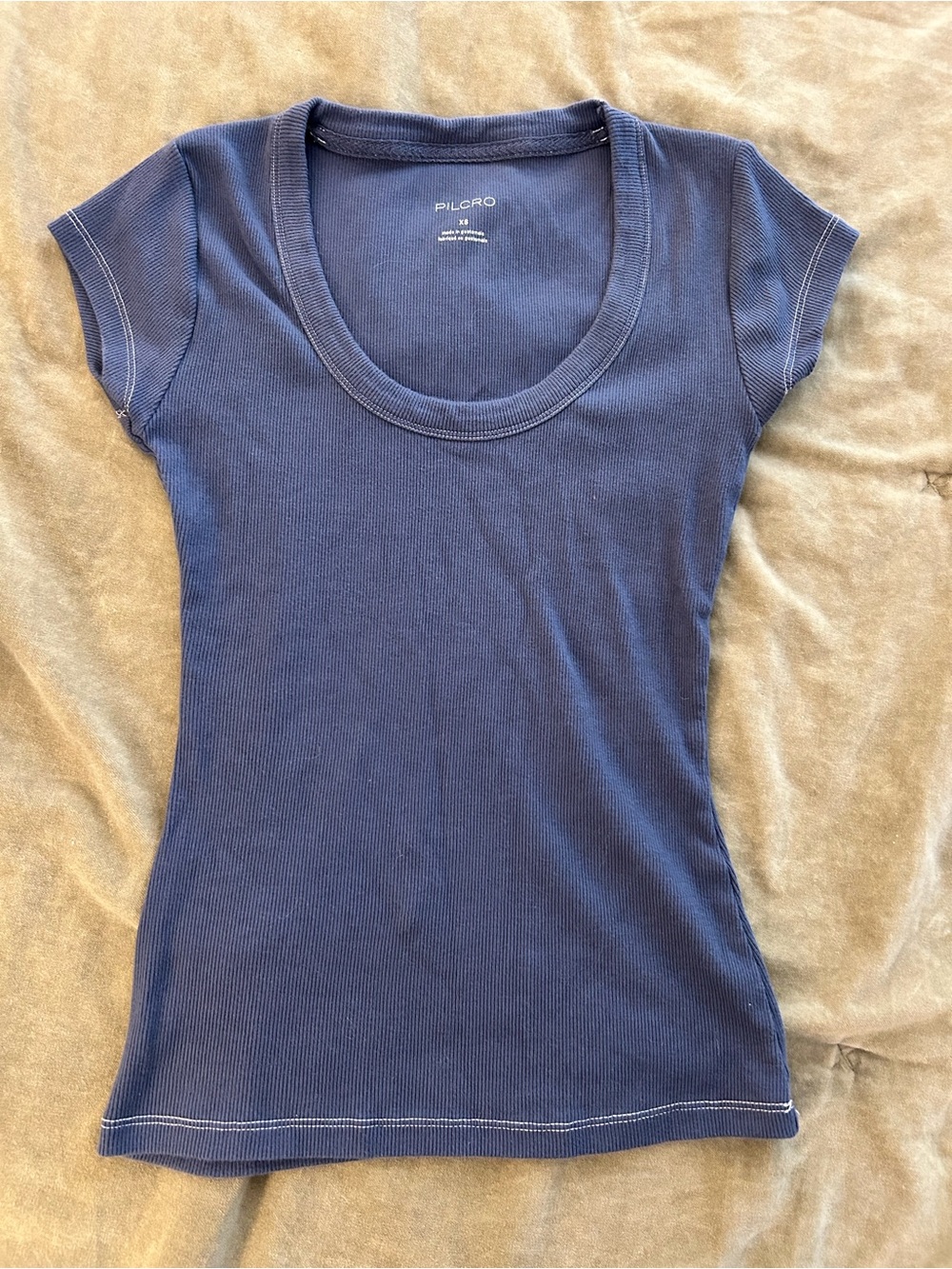 Pilcro Navy Ribbed Scoop Neck Short Sleeve Tee